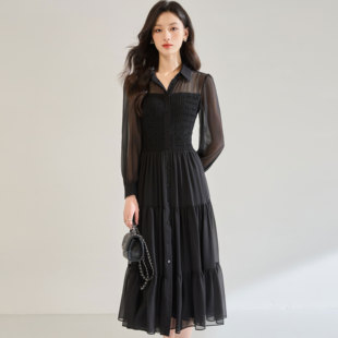 长袖连衣裙黑色高级感灯笼袖女春秋显瘦收腰法式气质中长款裙子