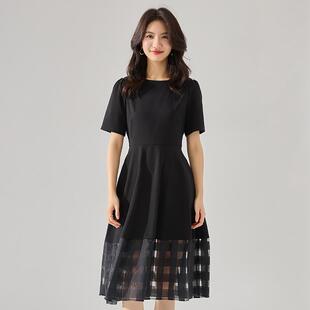 法式赫本风小黑裙女夏季通勤气质欧根纱拼接显瘦连衣裙中长款裙子