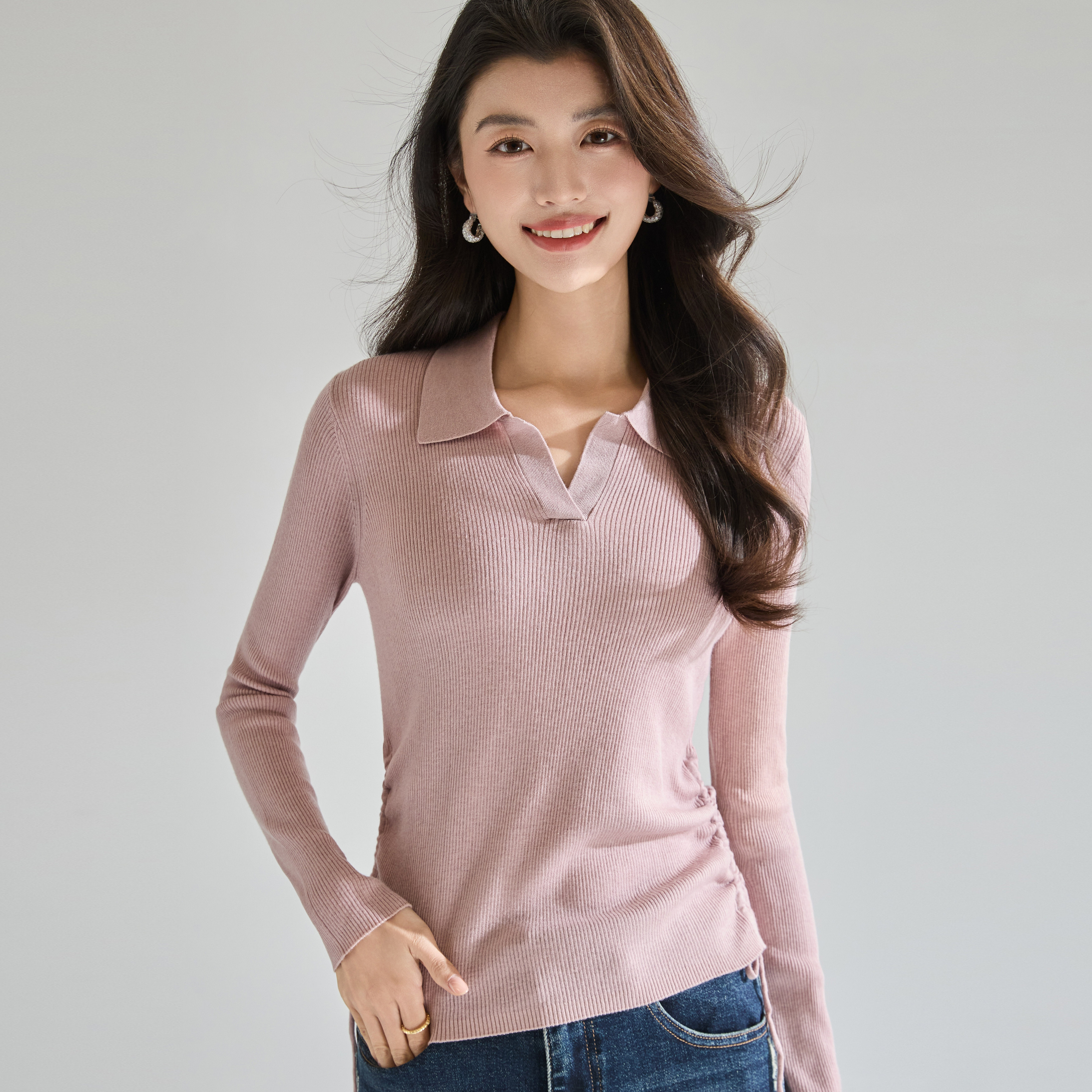 翻领针织衫女套头春秋修身显瘦长袖抽绳气质毛衣通勤穿搭小个子