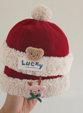婴儿帽子红色喜庆新年地主帽加绒加厚保暖套头瓜皮帽男女宝宝帽