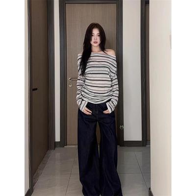 条纹一字领露肩长袖T恤女长袖