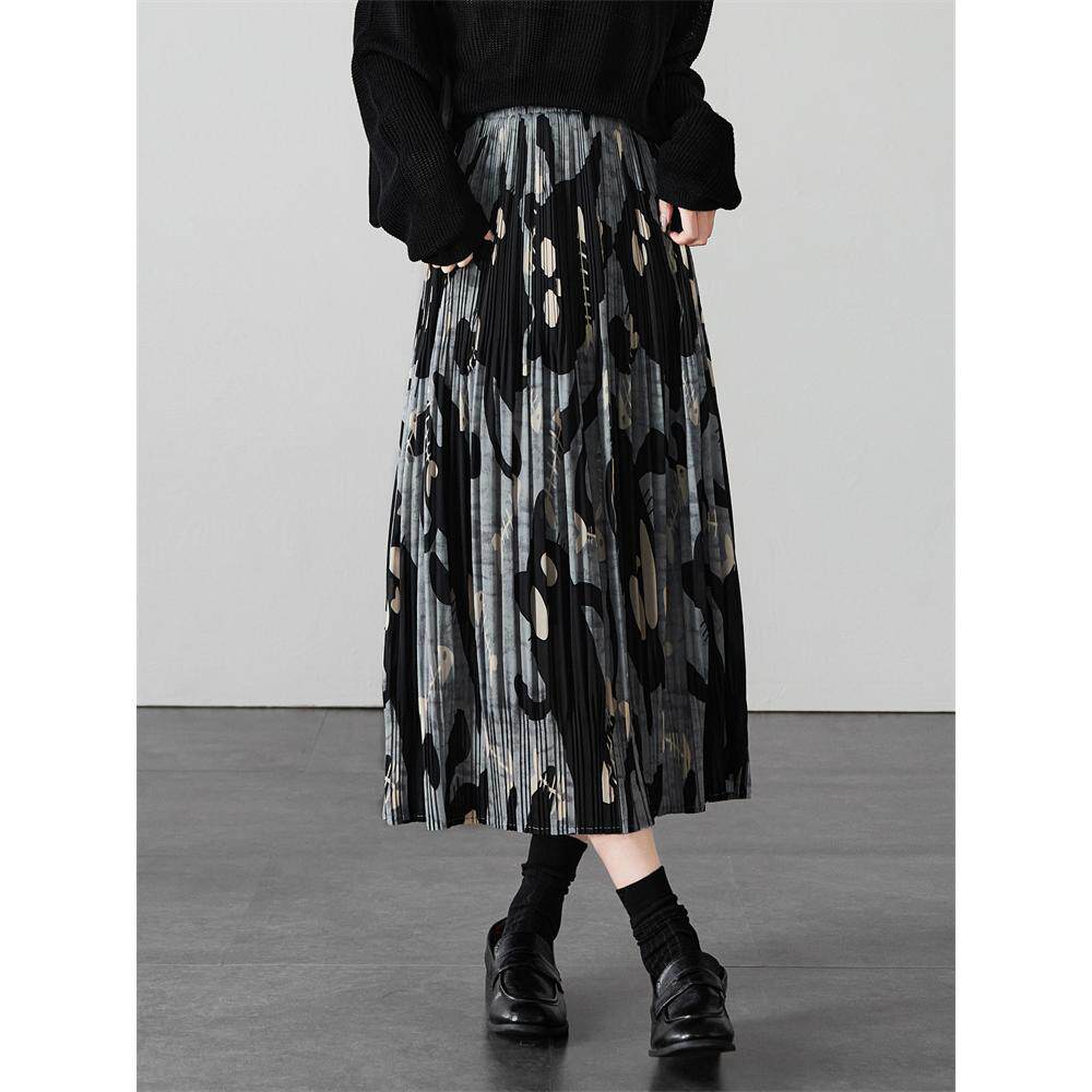 2026春季新款印花百褶半身裙女压褶中长裙遮胯显瘦花苞裙