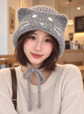 韩系猫耳针织护耳帽女秋冬保暖