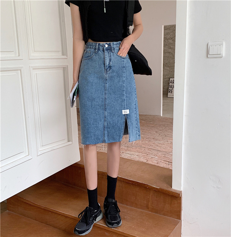 Real price ~ denim skirt with high waist and split, Retro Blue A-line hip skirt, women's skirt