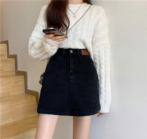 Real shot real price ~ New Korean high waisted slim black denim skirt for women