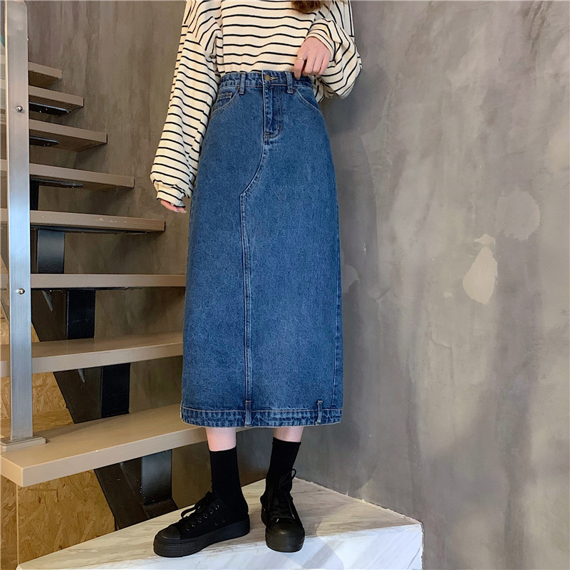 Real shot real price ~ denim skirt women's early autumn New Retro High Waist loose button slit mid length skirt