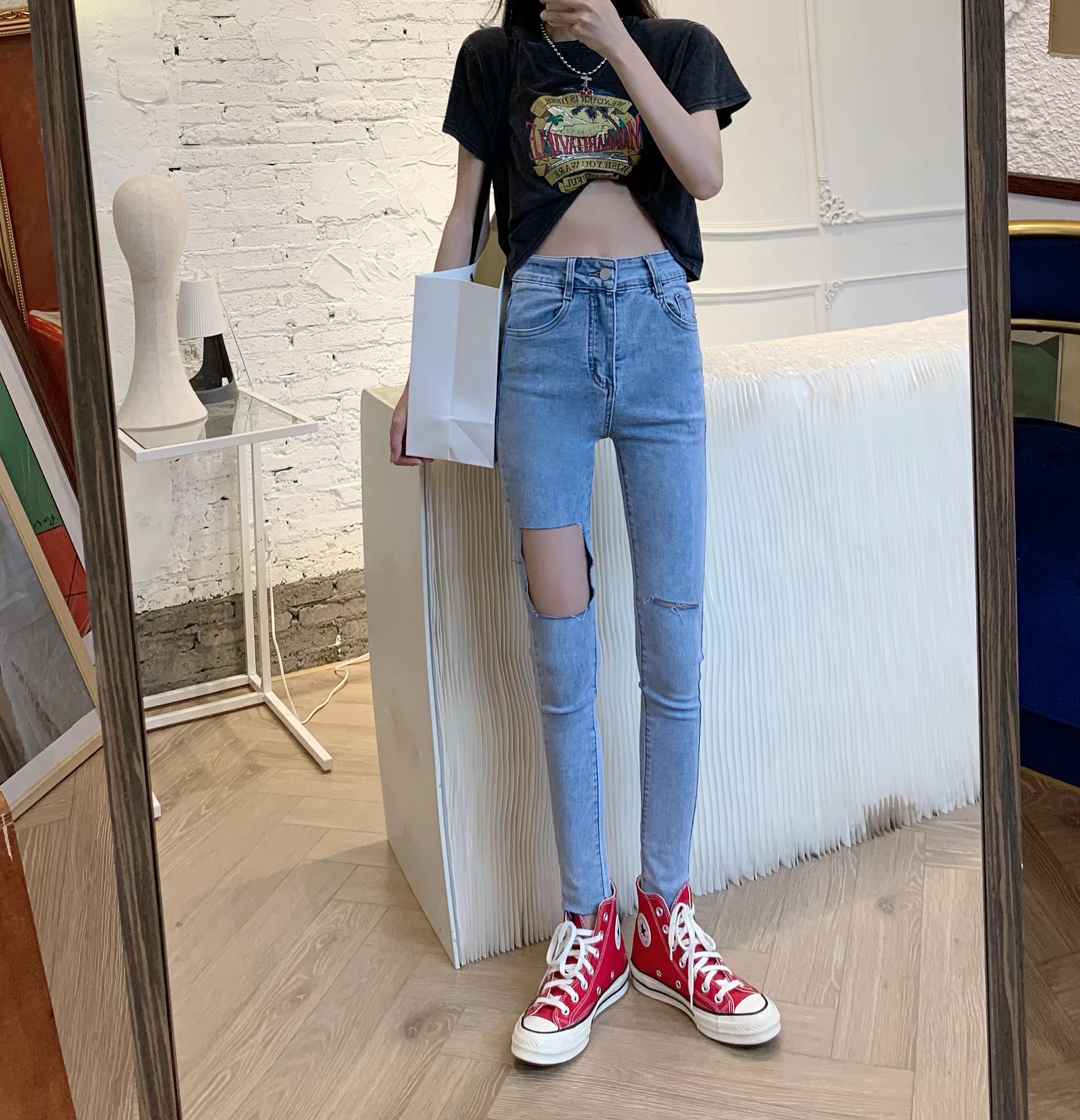 Real price ~ summer new high waist jeans women's pierced tight slim pants