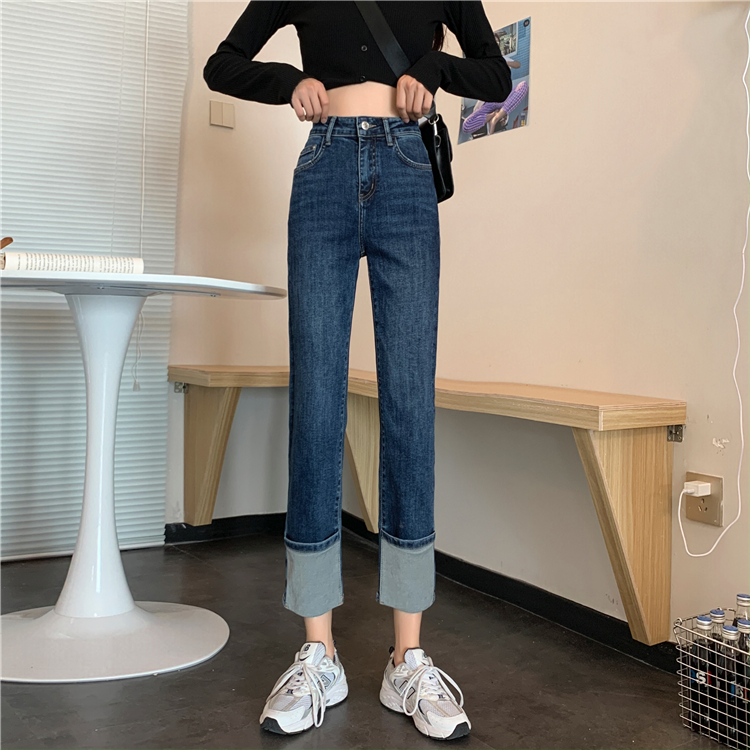 Real price ~ high waist jeans women's new design sense straight tube loose wide leg retro slim curled pants