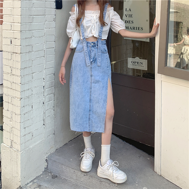 Real price ~ split strap denim skirt women's high waisted A-line skirt shows thin buttock skirt medium length