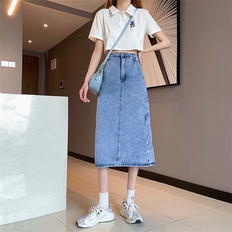 Real price ~ denim skirt women's mid length design sense Retro High Waist slim split skirt