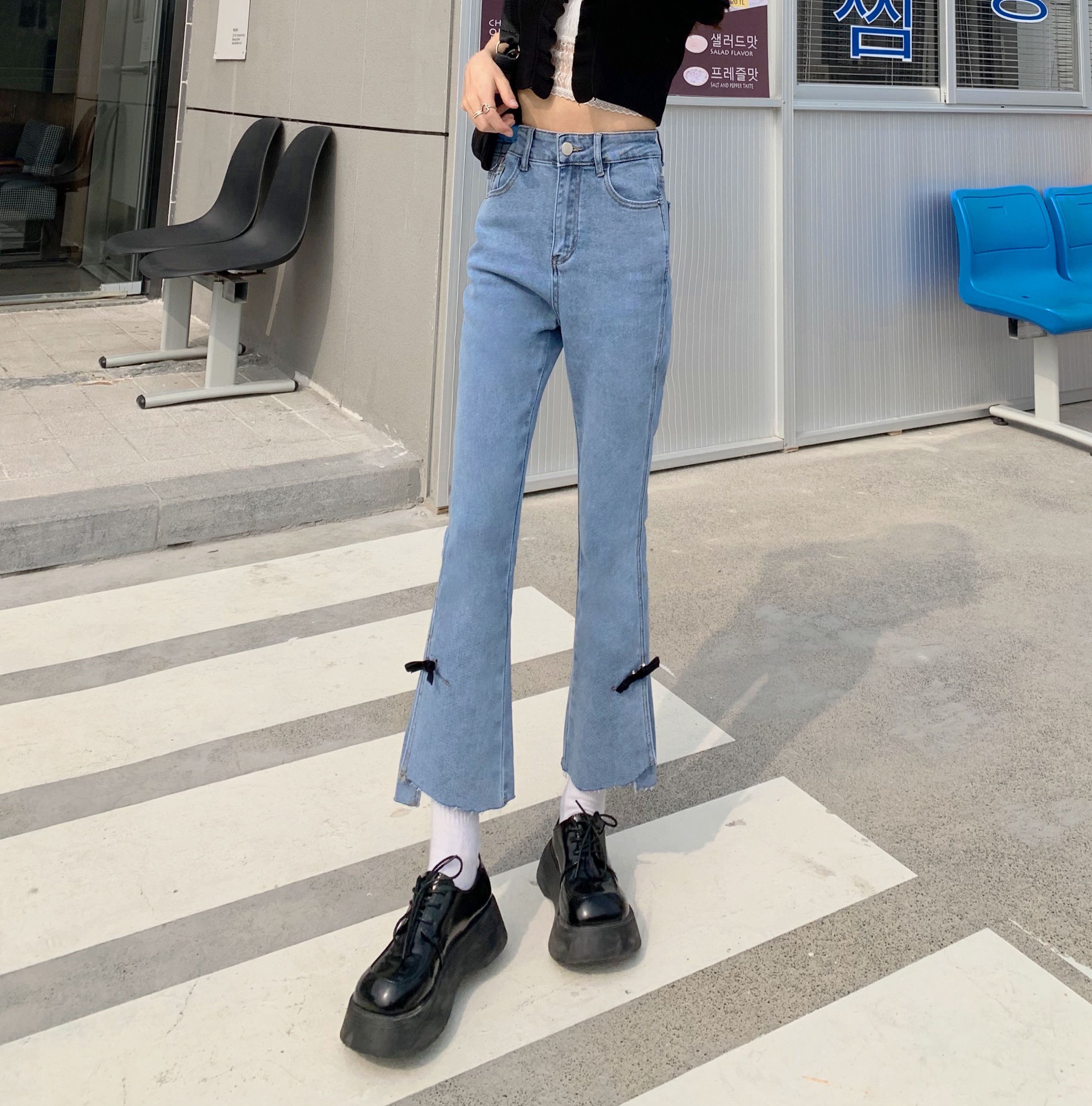 Real price ~ jeans women's new high waisted Pants Capris show thin straight leg pants split pants micro lapped pants