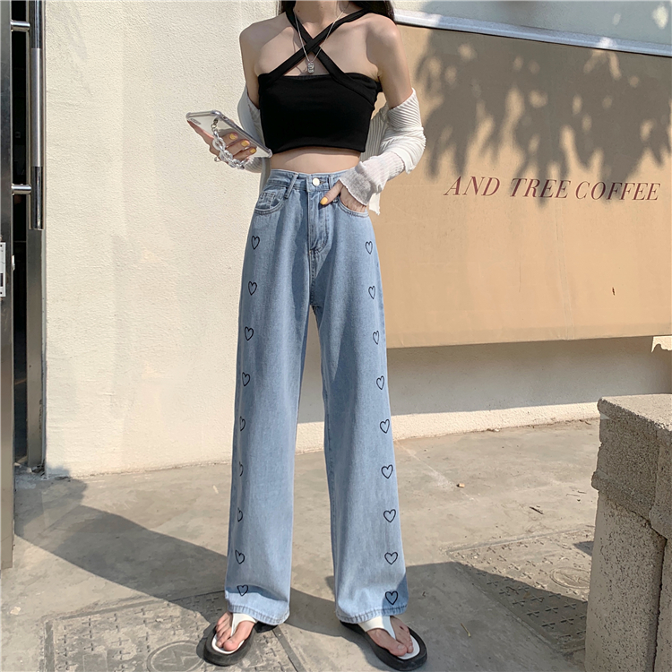 Real price ~ New Retro hollow love embroidery wide leg pants with high waist and thin jeans