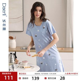 达尔丽睡裙女夏季 短袖 纯棉中长款 圆领套头可爱卡通图案家居服套装