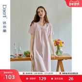 中裙2025新款 达尔丽柔软蕾丝V领纯棉睡裙女夏季 短袖 显瘦薄连衣裙