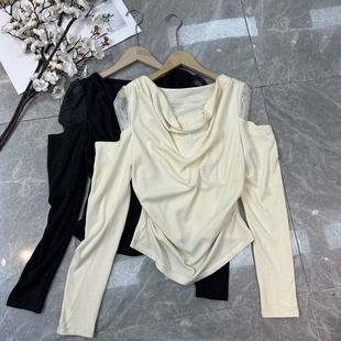 阅悦早春荡领拼蕾丝显瘦又气质杏白清纯灰黑高级小衫 G405 YS76