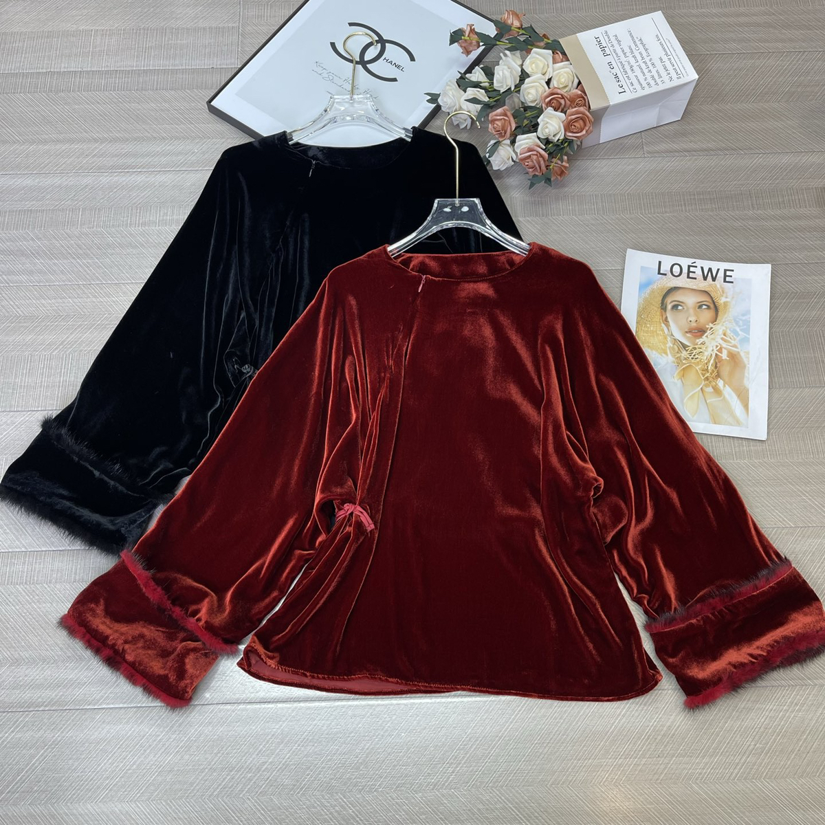 阅悦式真丝丝绒水貂毛扣百搭复古上衣小衫（含100真丝）t206