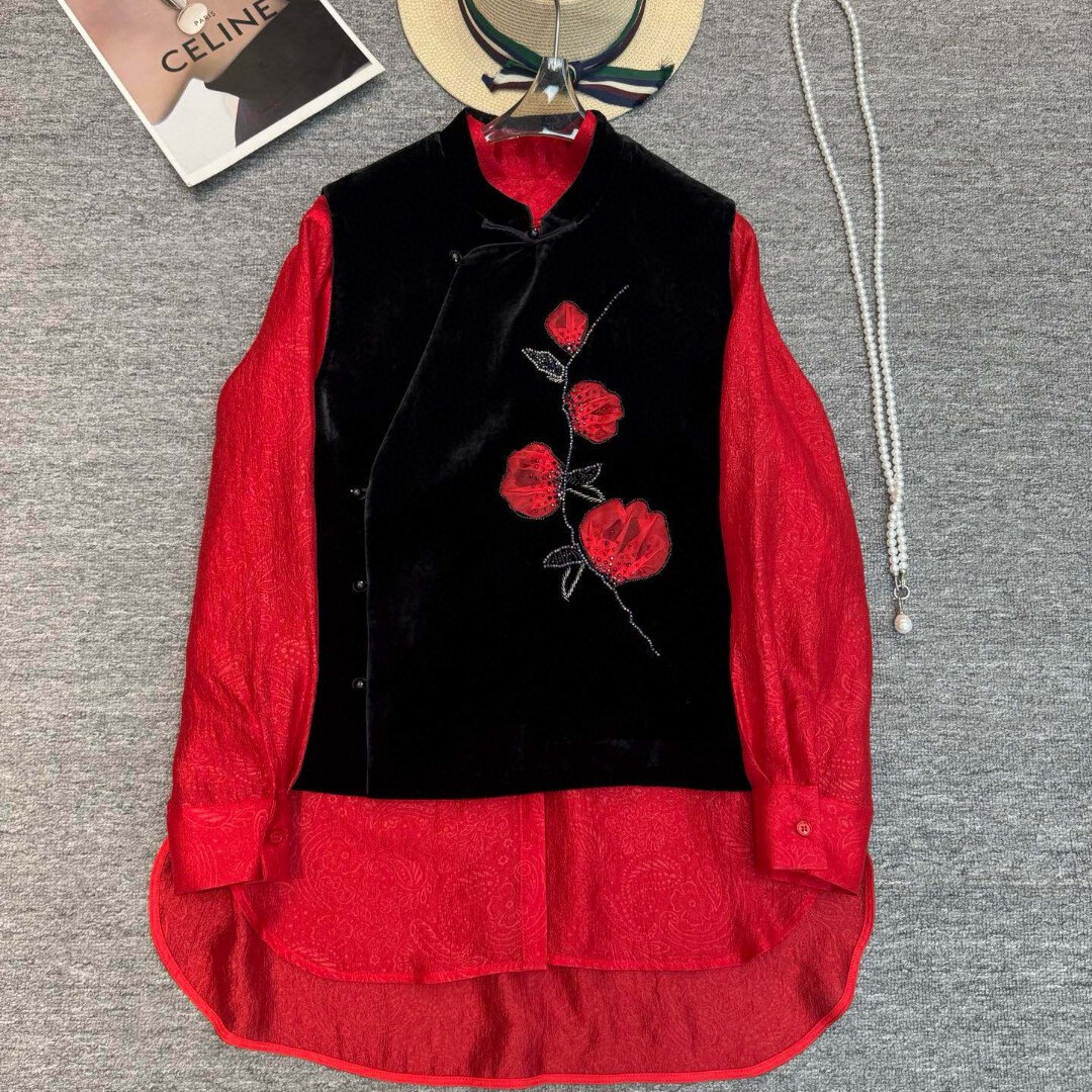 阅悦工真丝丝绒马甲纯手工捏花订珠圣诞新年款马甲YS520-G408