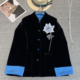 阅悦老钱新中式 真丝丝绒蓝莲花钉珠刺绣撞色短外套YS3 t108