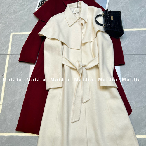 阅悦双面毛呢长款大衣羊毛外套(配腰带+可拆卸斗篷)J225