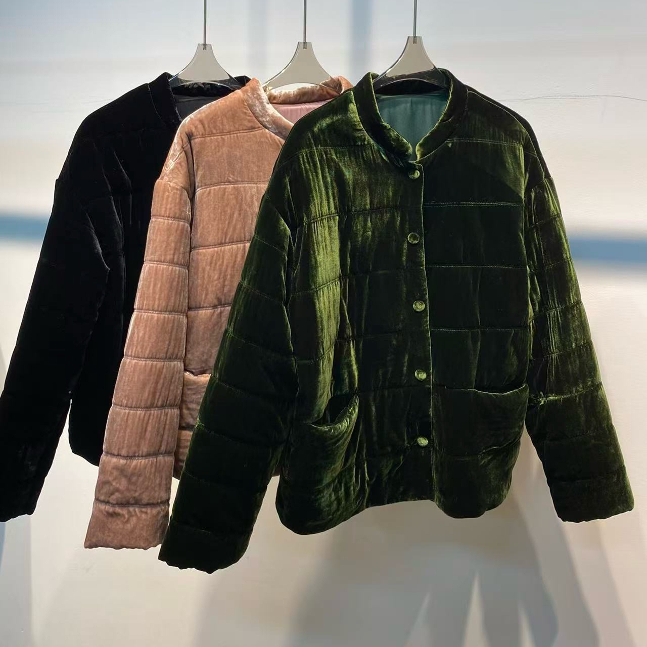 阅悦真丝丝绒立领短款口袋夹棉外套保暖棉服外套YS1-zl-77A3331