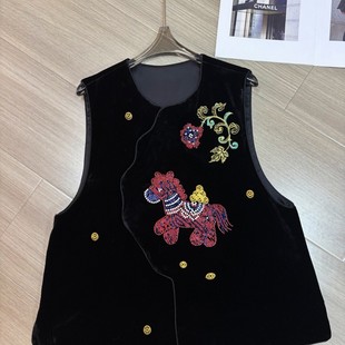 阅悦春马上有钱重工法绣钉珠气质百搭真丝丝绒马甲YS276 G322