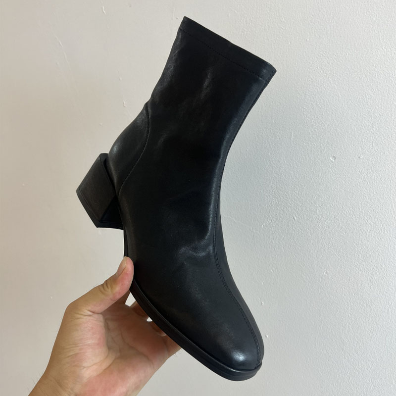 水洗真皮初秋短靴女秋冬新款全真皮瘦瘦靴侧拉链4.5cm粗跟小裸靴