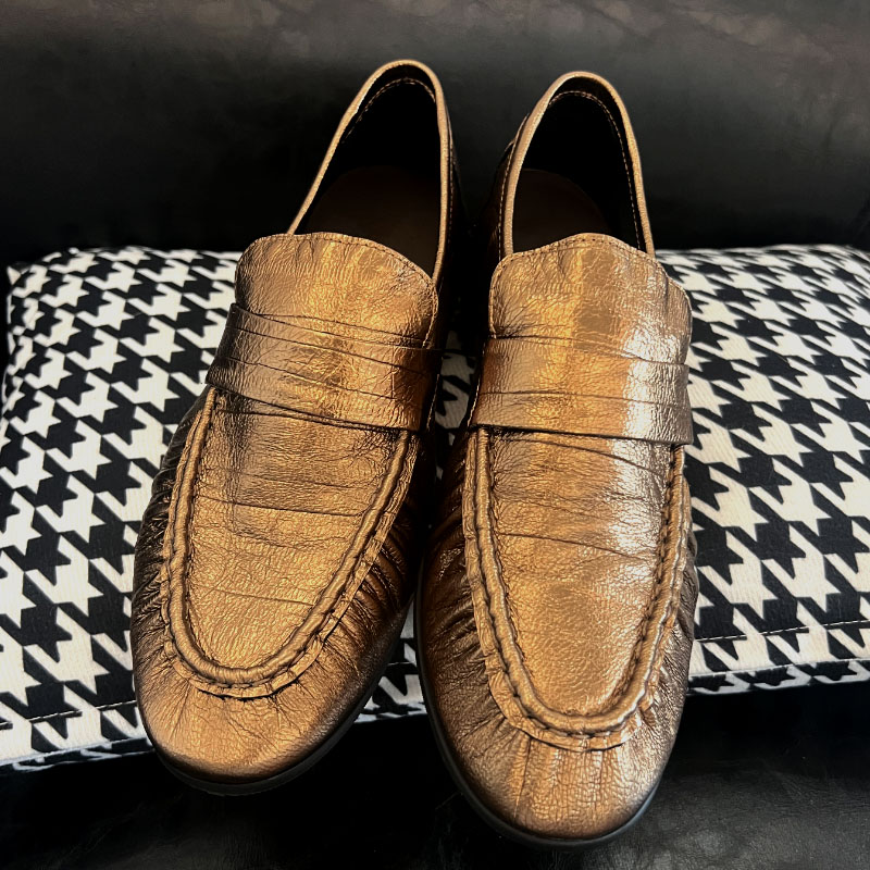 乐福鞋复古羊皮金色圆头休闲懒人