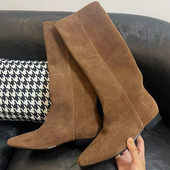 欧洲站真皮不过膝长靴内增高磨砂皮高筒骑士靴冬季 方头显瘦直筒靴