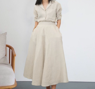 “7月威尼斯”100%亚麻长袖宽松衬衫上衣/半裙套装