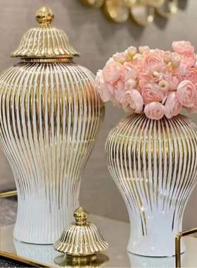 陶瓷轻奢电镀将军罐欧式花插花瓶品摆件玄关软装装饰储物罐