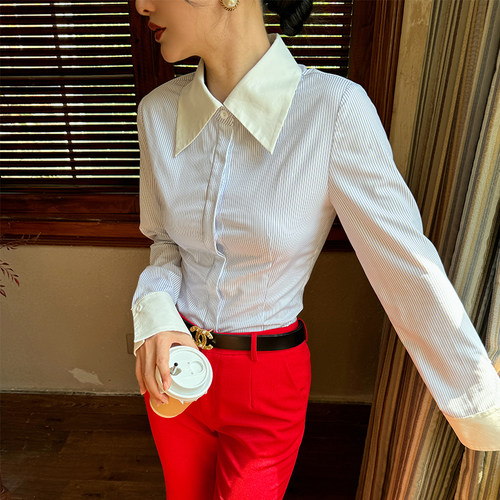 蓝色条纹衬衫女通勤职场百搭