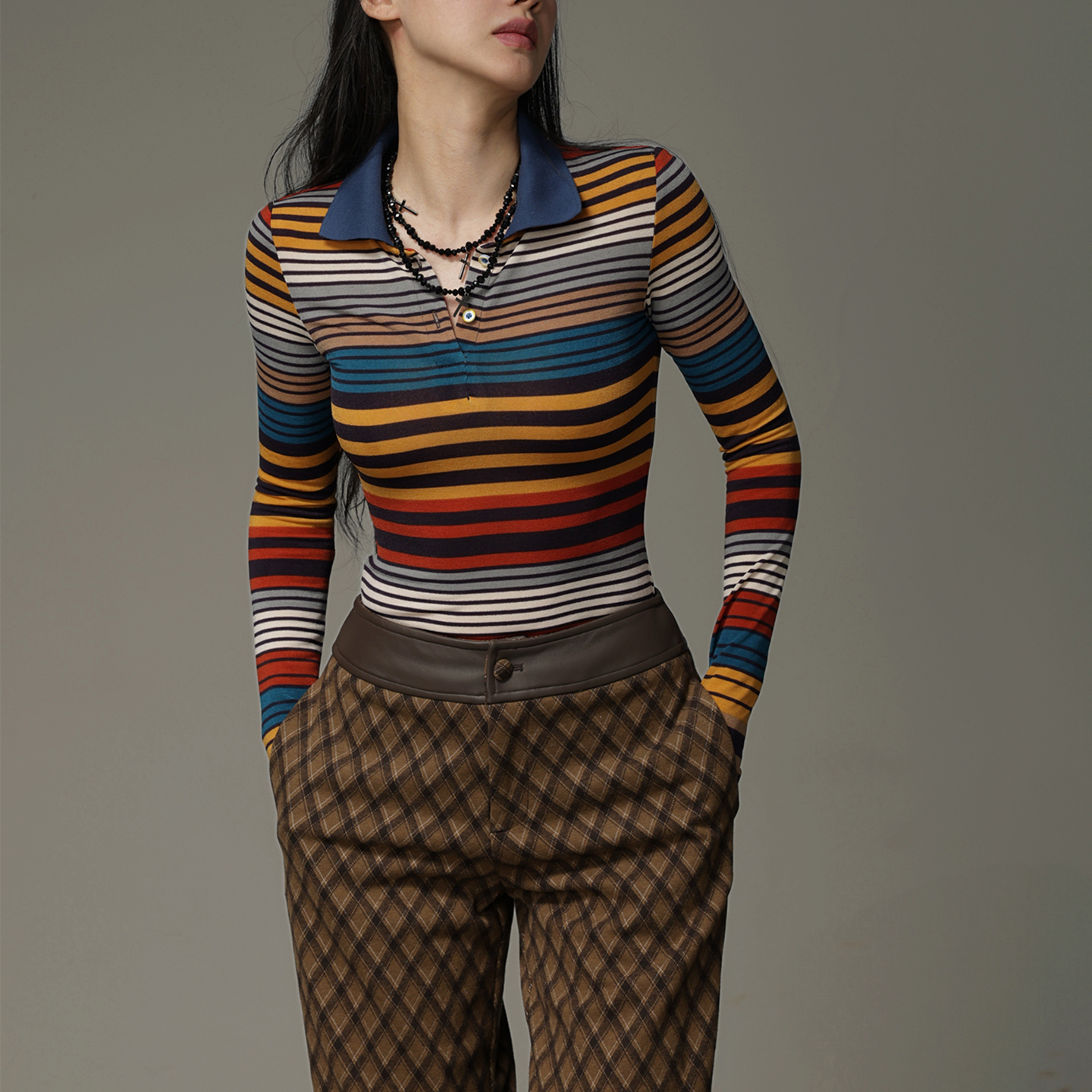 美式复古弹力条纹修身拼色针织衫