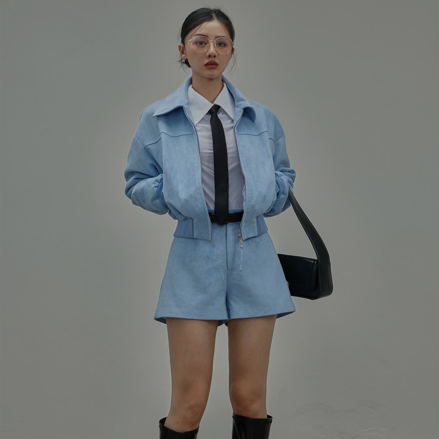 蓝色麂皮保暖棉服夹克短裤套装冬