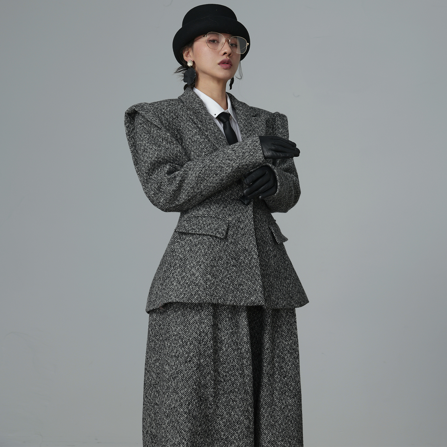 100%羊毛钢花修身西装阔腿裤套装