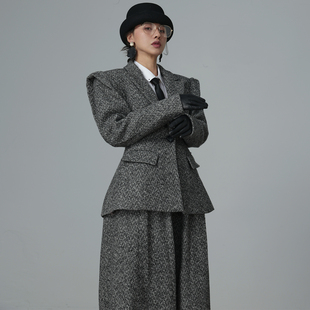 经典老钱风高品质全羊毛钢花呢收腰西装套装女复古轻奢感阔腿裤