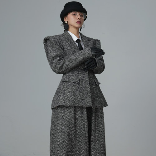 100%全羊毛经典钢花呢西装套装女