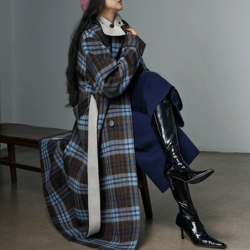 羊绒羊毛双面呢立领格纹宽松大衣