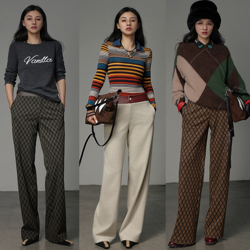 小羊皮菱格中古拼色拉绒直筒长裤