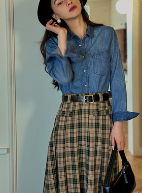 2025年春秋新款复古港风怀旧全棉浅蓝色牛仔衬衫百搭长袖上衣女士