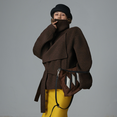 摩登系带大翻领双面牦牛绒羊毛大衣冬短款宽松百搭咖啡色毛呢外套