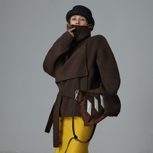 牦牛绒羊毛大翻领宽松系带大衣