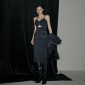 TWANG中古摩登秋冬经典 手缝串珠黑色套装 性感吊带连衣裙短款 长袖