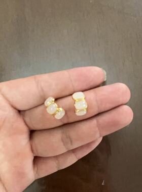 天然和田玉925银镶嵌青海老料白玉耳环耳钉温柔百搭时尚