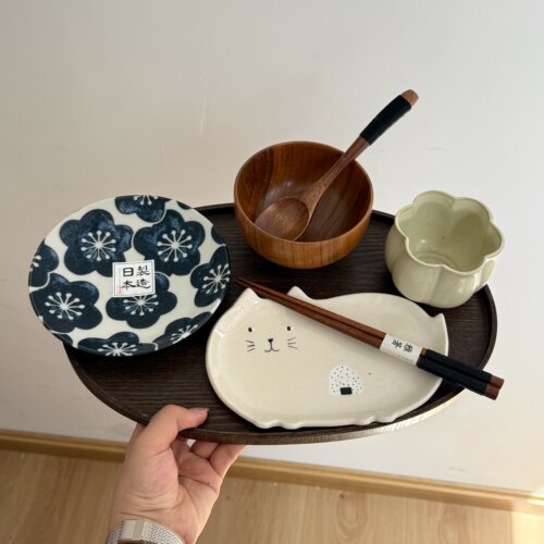 漫生活老板娘 木瓷喵韵 日式猫咪木碗组合一人食餐具套装家用儿童