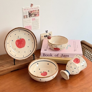 漫生活老板娘卡通可爱苹果系列饭碗汤碗杯子精致漂亮女孩粗陶餐具