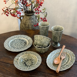 漫生活老板娘复古粗陶窑变风餐具碗盘杯碟饭碗菜盘杯子家用餐厅