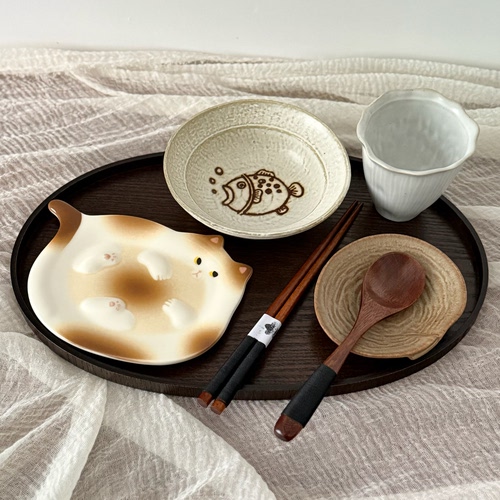 漫生活老板娘 猫鱼食集 手绘粗陶一人食餐具套装家用猫咪盘民宿