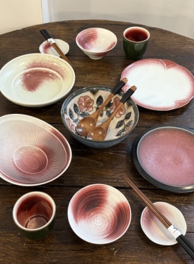 漫生活老板娘玫红色系玫瑰花精致漂亮二人食套装碗盘碗碟家用实用