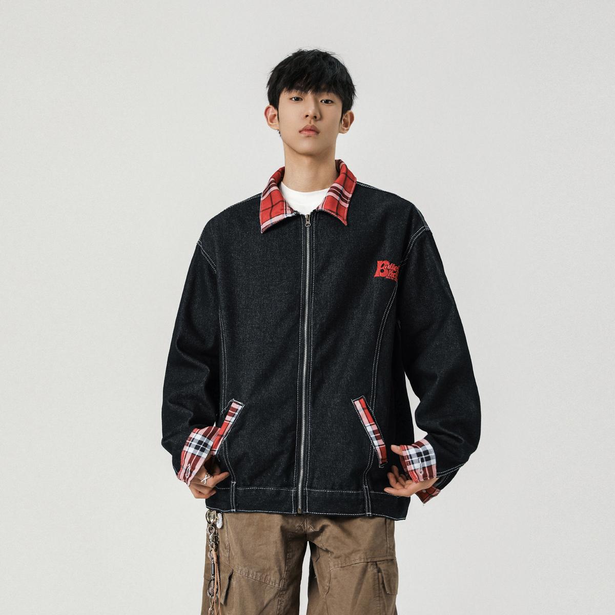 复古刺绣水洗牛仔撞色格子外套宽松夹克男XZ1015-1-JK33655-P70，男装夹克，星座1015-1