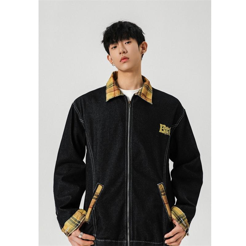 复古刺绣水洗牛仔撞色格子外套宽松夹克男XZ1015-1-JK33655-P70,男装夹克,星座1015-1